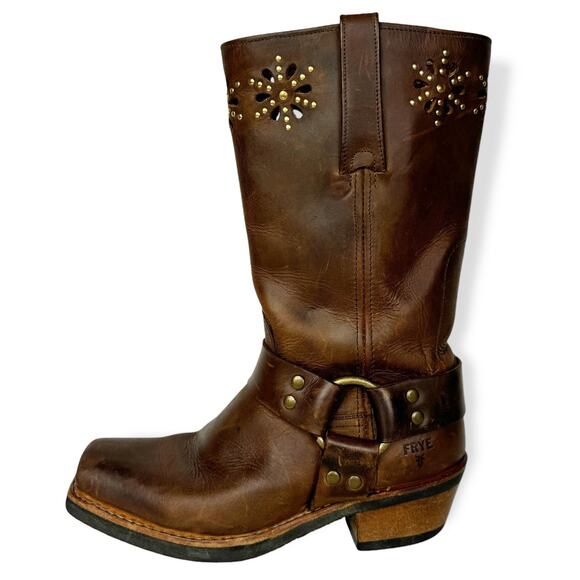 Frye Harness Boots Brown Leather Square Toe Biker Moto Boots Womens size 6 - Picture 4 of 13